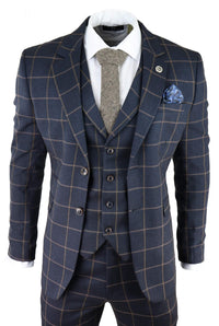 Mens Herringbone Tweed Check 3 Piece Wool Suit Peaky Blinders - Navy Blue