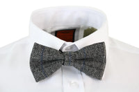 Mens Tweed Grey Herringbone Textured Marc Darcy Bow Ties Vintage Retro