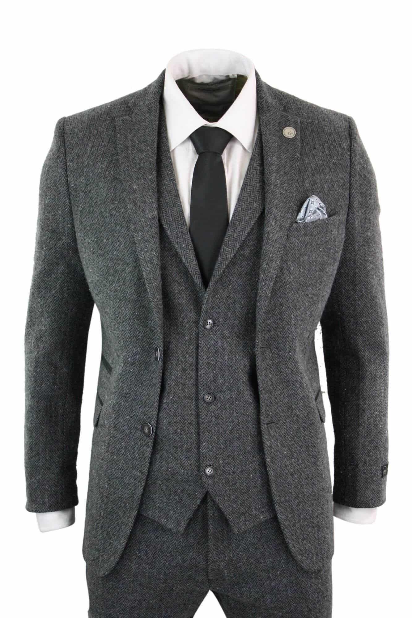 Men's Charcoal Grey Piece Tweed Herringbone Suit STZ11: Buy