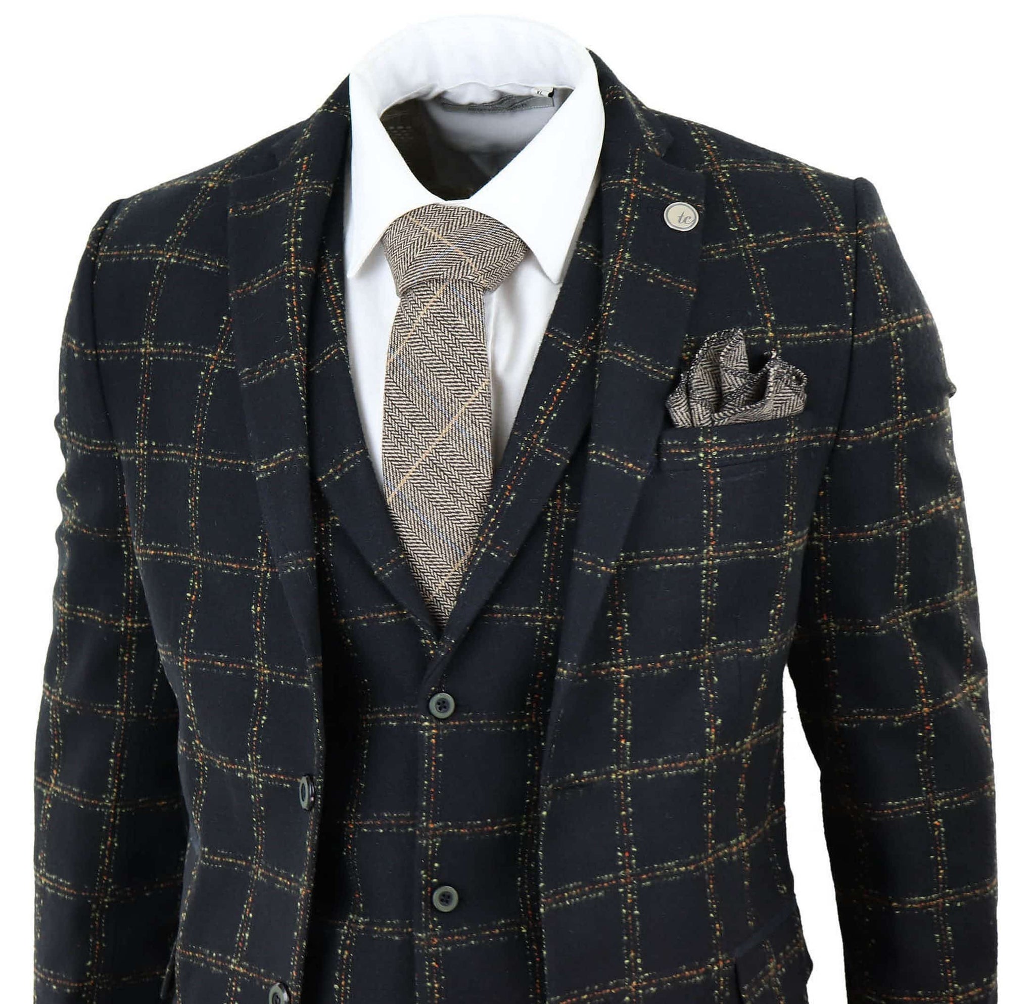 Mens Black - Tan Check Tweed 3 Piece Suit