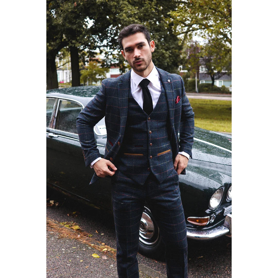 Thomas Men's Navy 3-Piece Tweed Check Suit