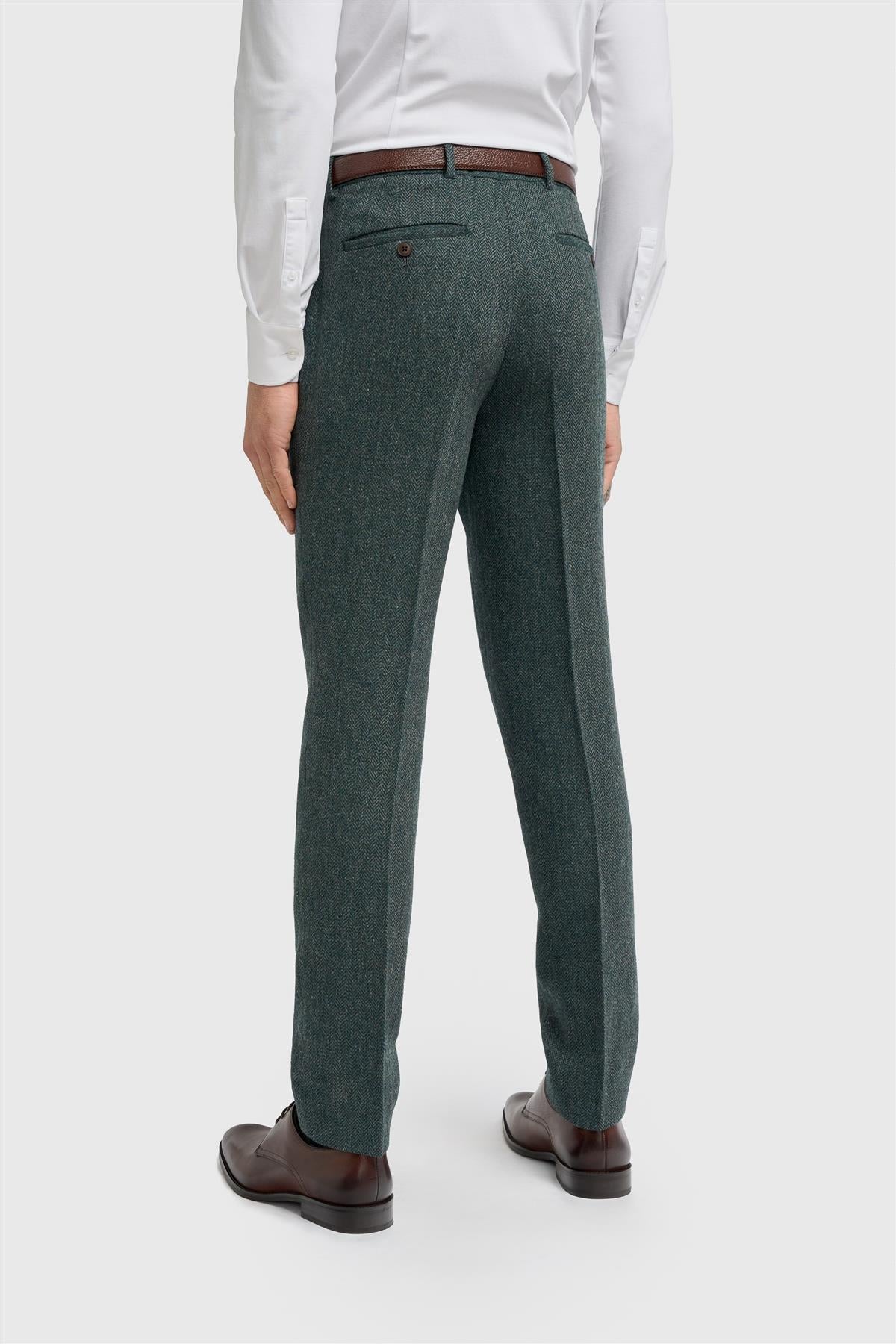 Thomas - Men's Olive Wool Blend Herringbone Tweed Trousers