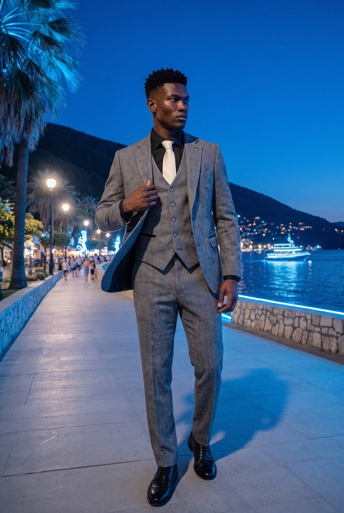 Look #975 styled with IM41 - Grey 3 Piece Herringbone Tweed Suit for Men