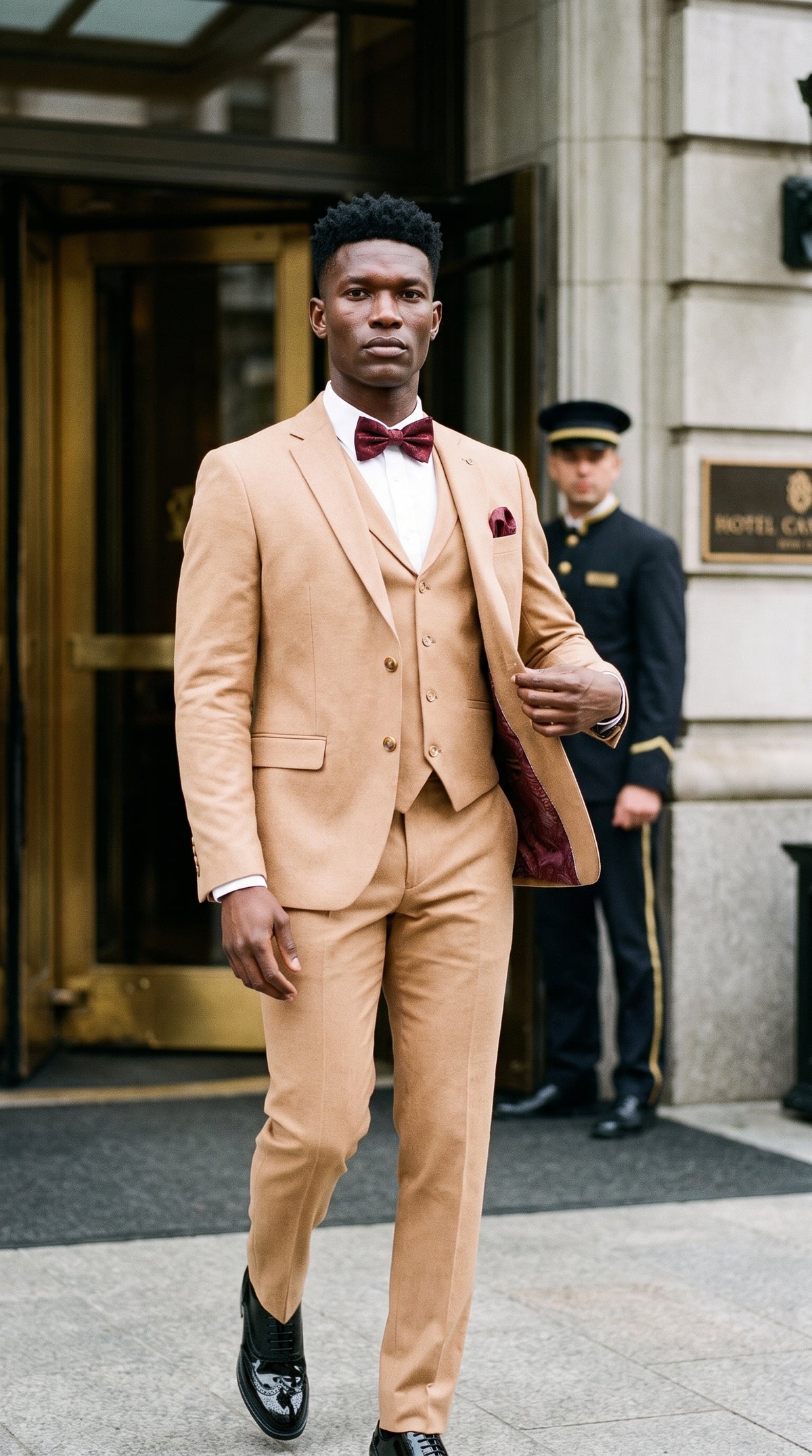 Look #644 styled with TP-23 - Men's Camel 3 Piece Linen Summer Wedding Suit