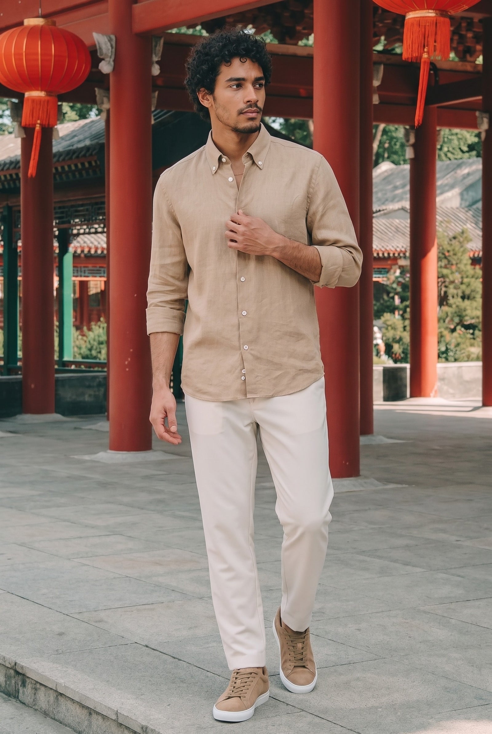 Look #890 styled with Men’s Camel Brown Pure Linen Shirt Long Sleeve Button-Down Summer Shirt