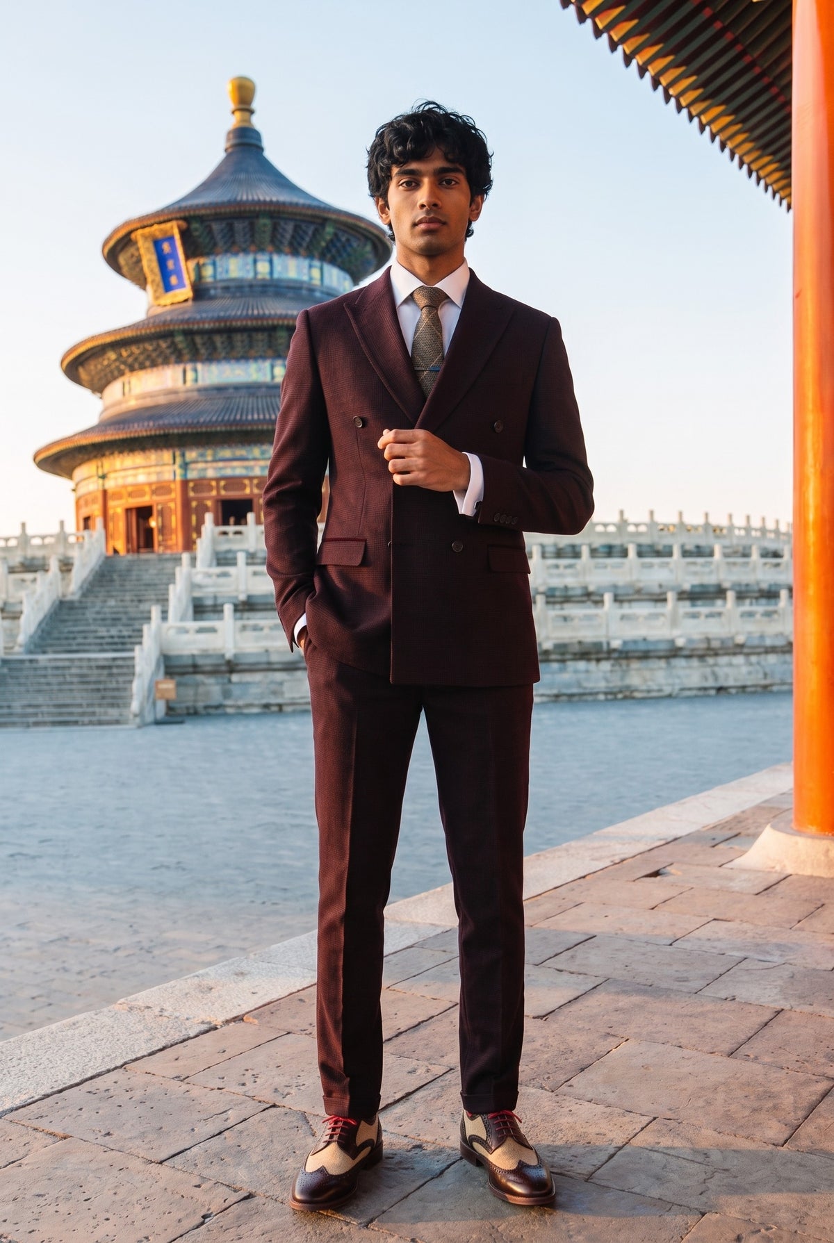 Look #641 styled with Regent - Men's Burgundy 2 Piece Double Breasted Suit