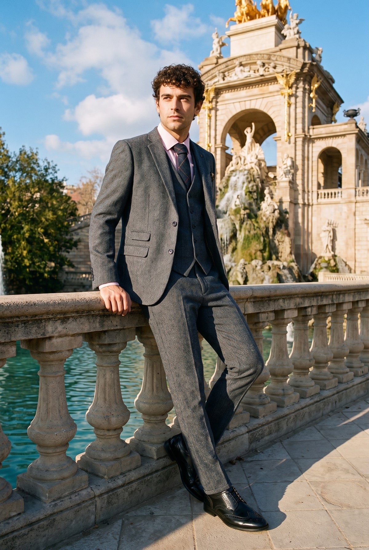 Look #955 styled with Mens Tweed Herringbone Textured Marc Darcy Ties Classic Vintage Retro Eton Navy Blue