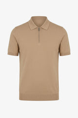 Beige Zip Neck Knitted Polo Shirt for Men