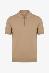 Beige Zip Neck Knitted Polo Shirt for Men