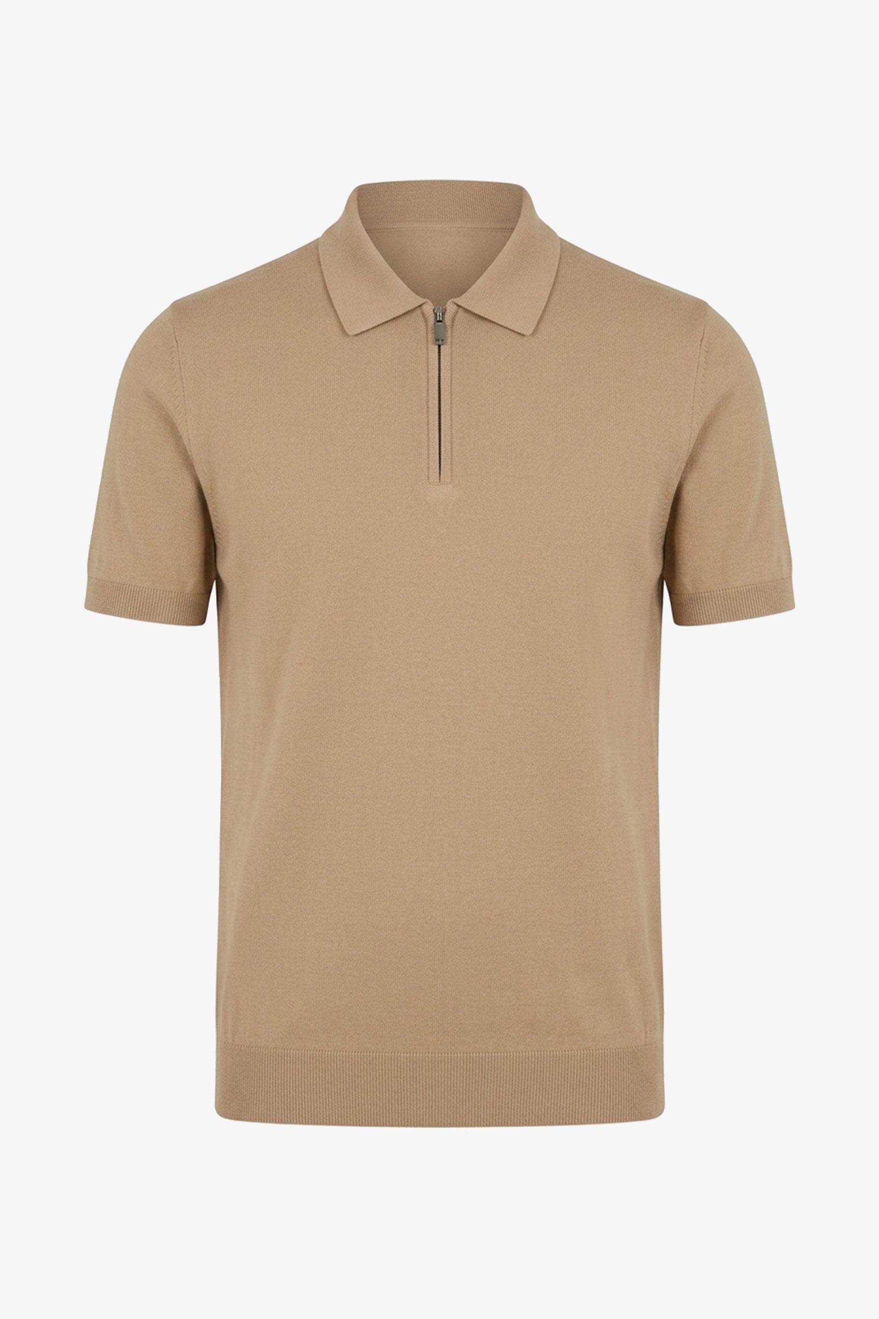 Beige Zip Neck Knitted Polo Shirt for Men