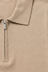 Beige Zip Neck Knitted Polo Shirt for Men
