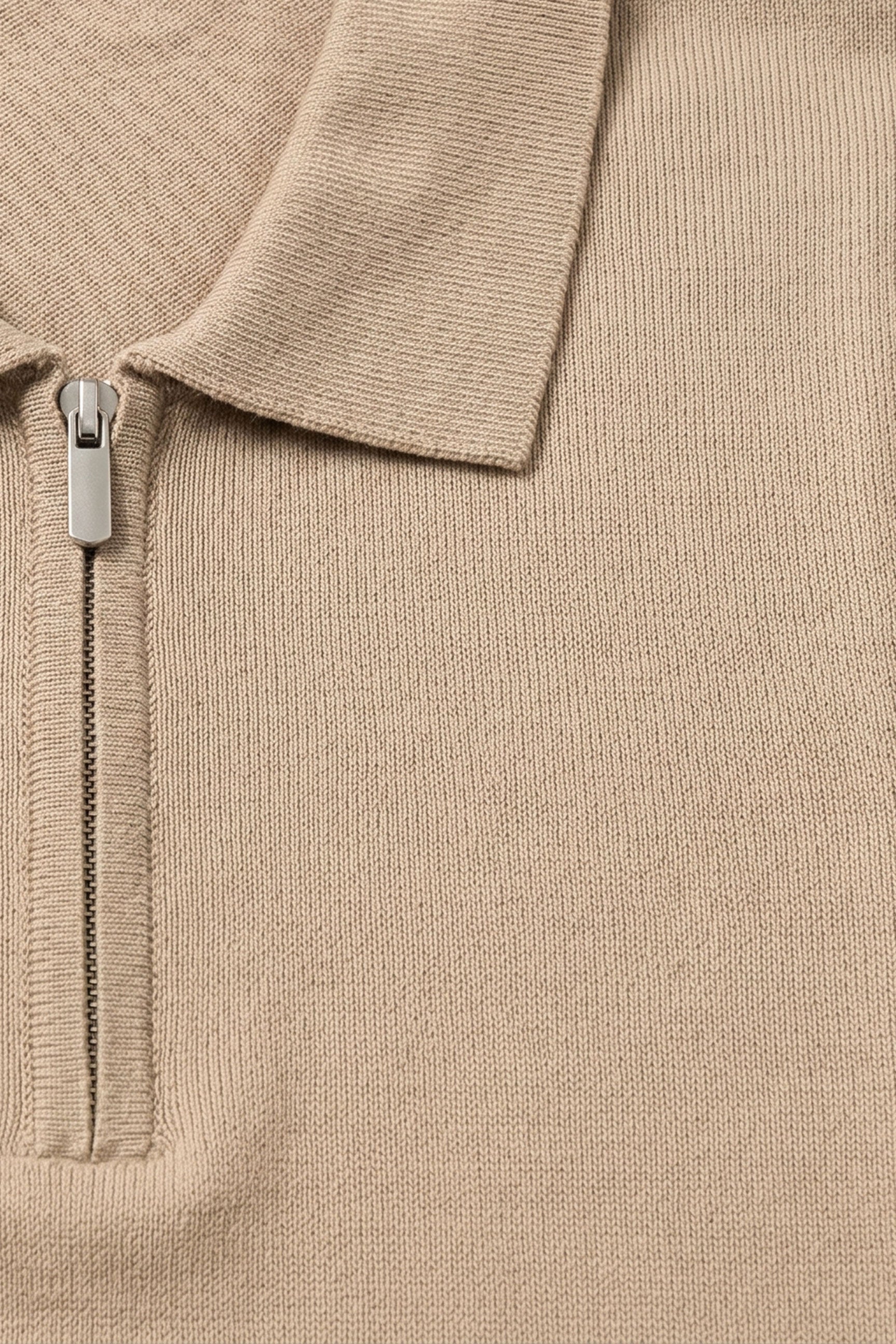 Beige Zip Neck Knitted Polo Shirt for Men