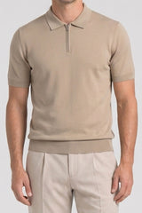 Beige Zip Neck Knitted Polo Shirt for Men