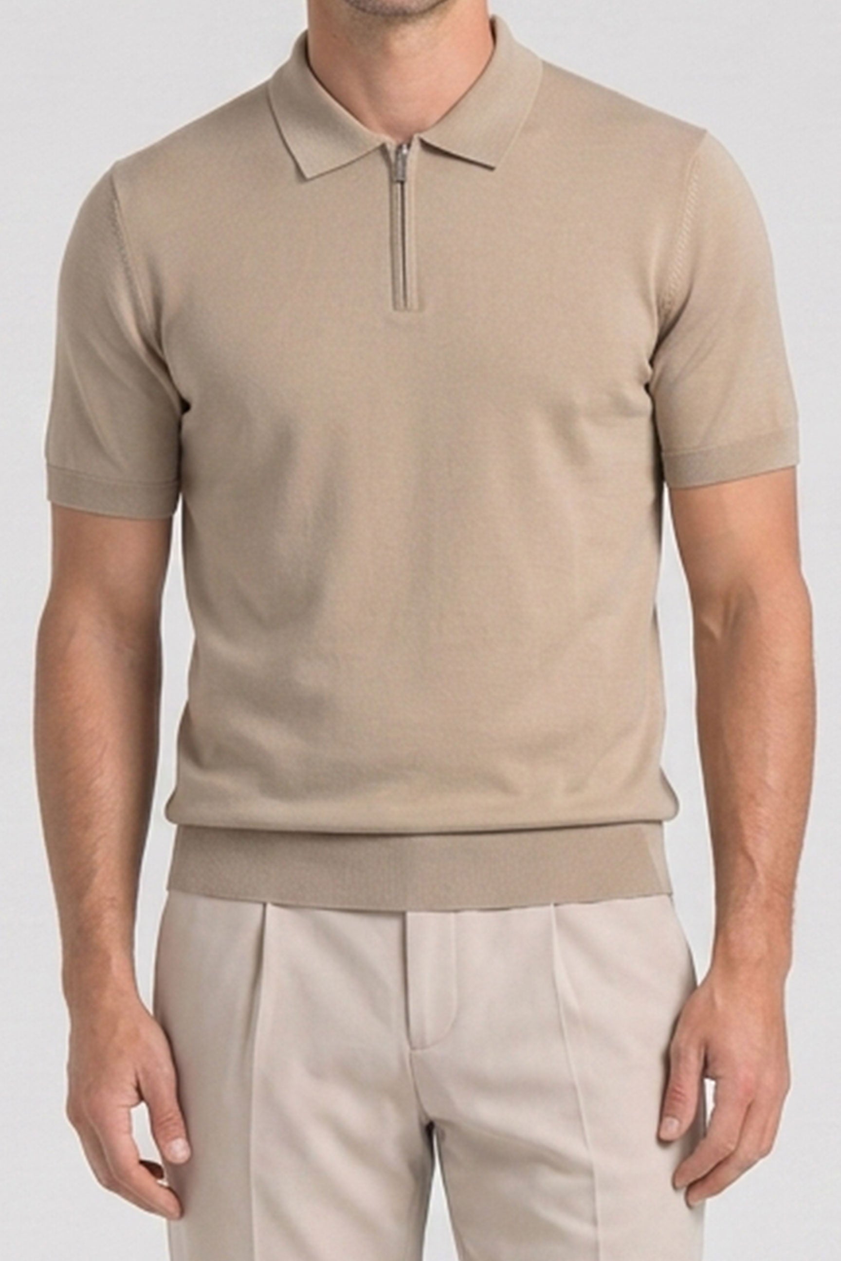 Beige Zip Neck Knitted Polo Shirt for Men
