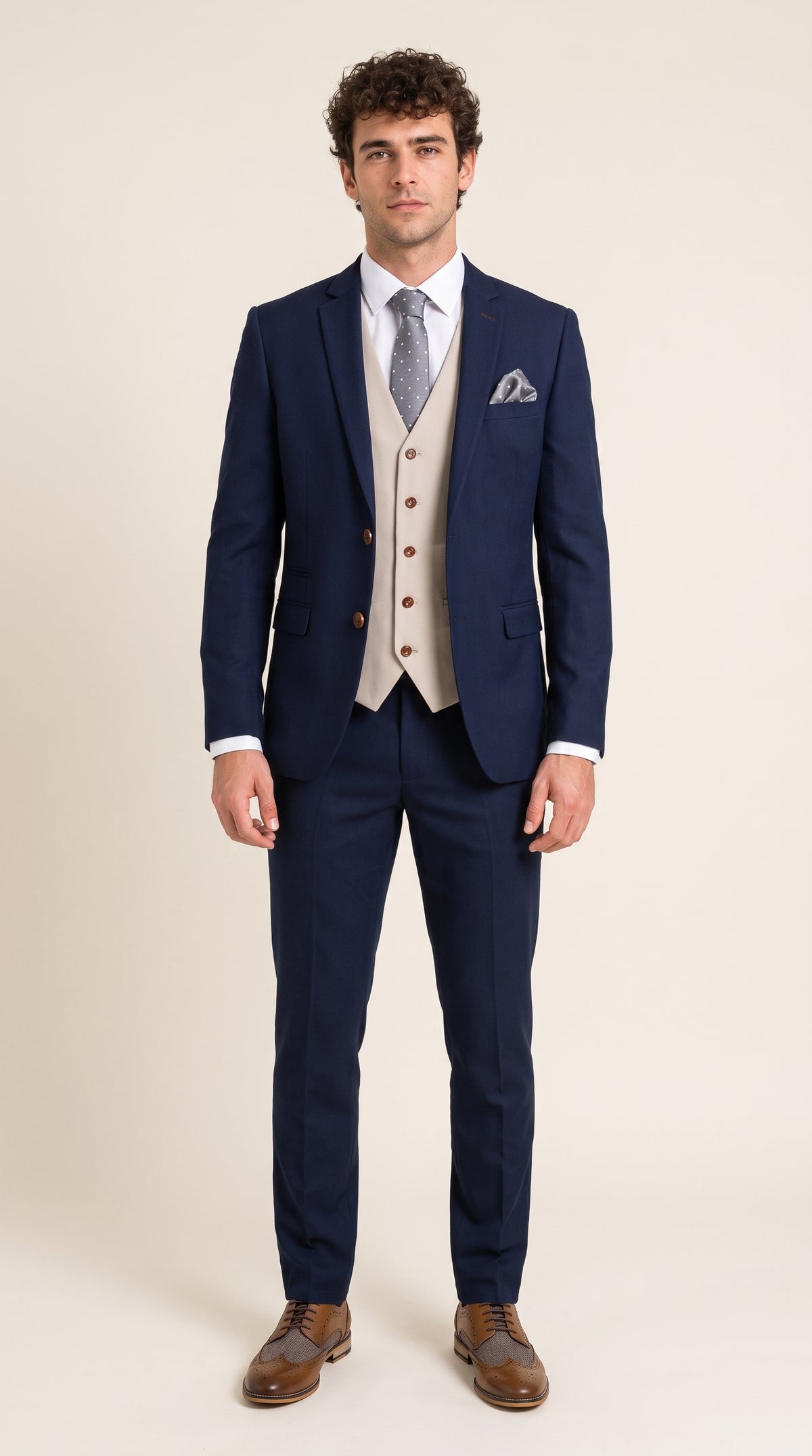 Look #395 styled with Mayfair - Men's 3 Piece Navy Suit With Cream Waistcoat