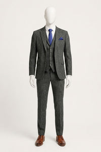 Men's Charcoal Grey 3 Piece Tweed Herringbone Suit - STZ11