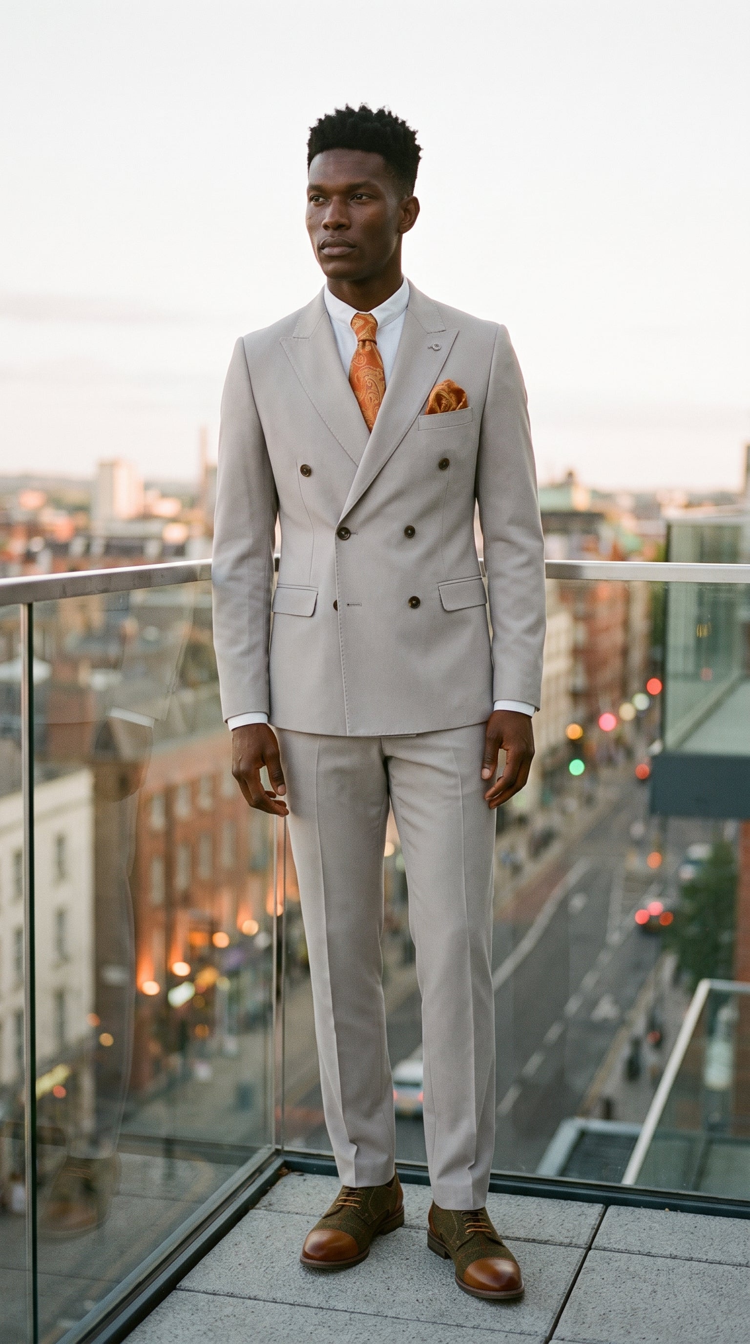 Look #660 styled with Mayfair - Men's Stone 2 Piece Double Brested Suit