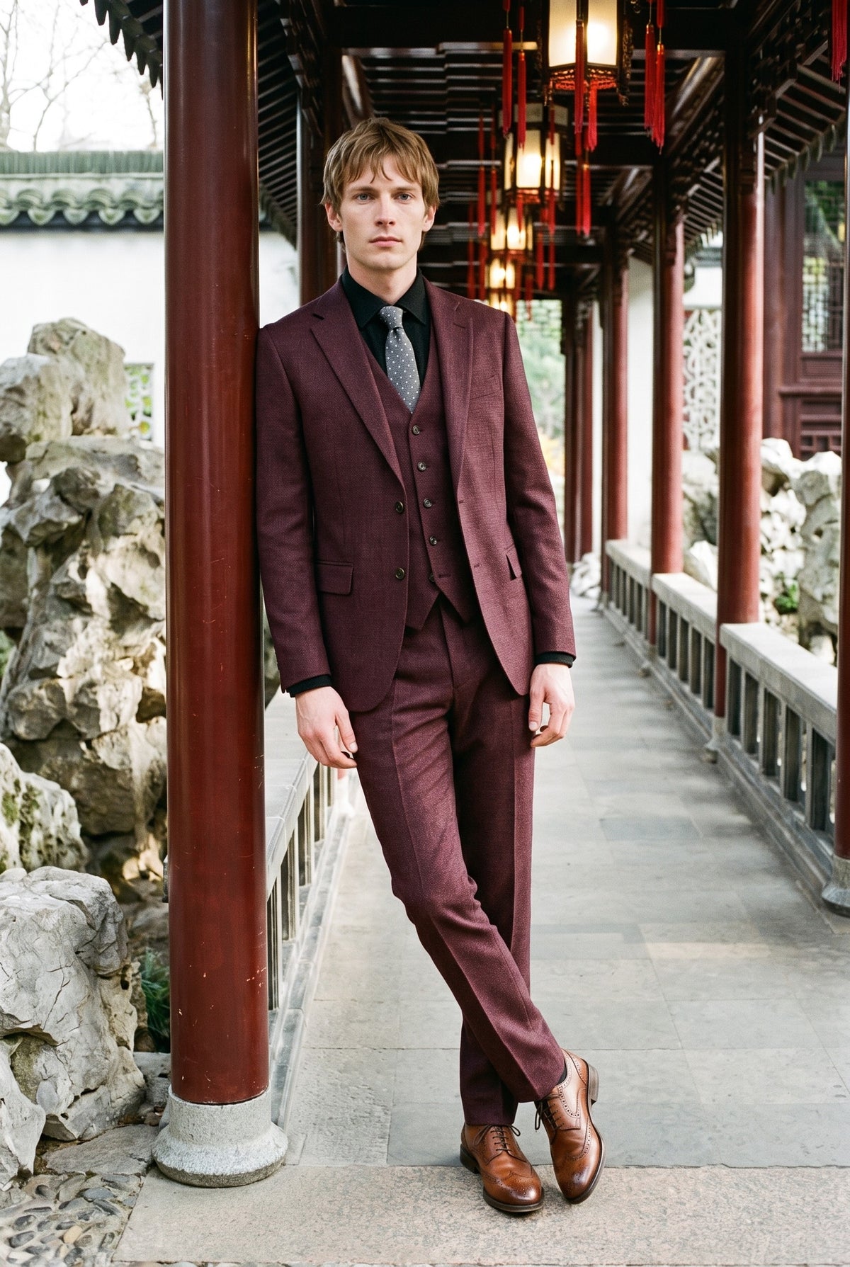 Look #237 styled with Caridi - Men's Burgundy 3 Piece Checked Suit