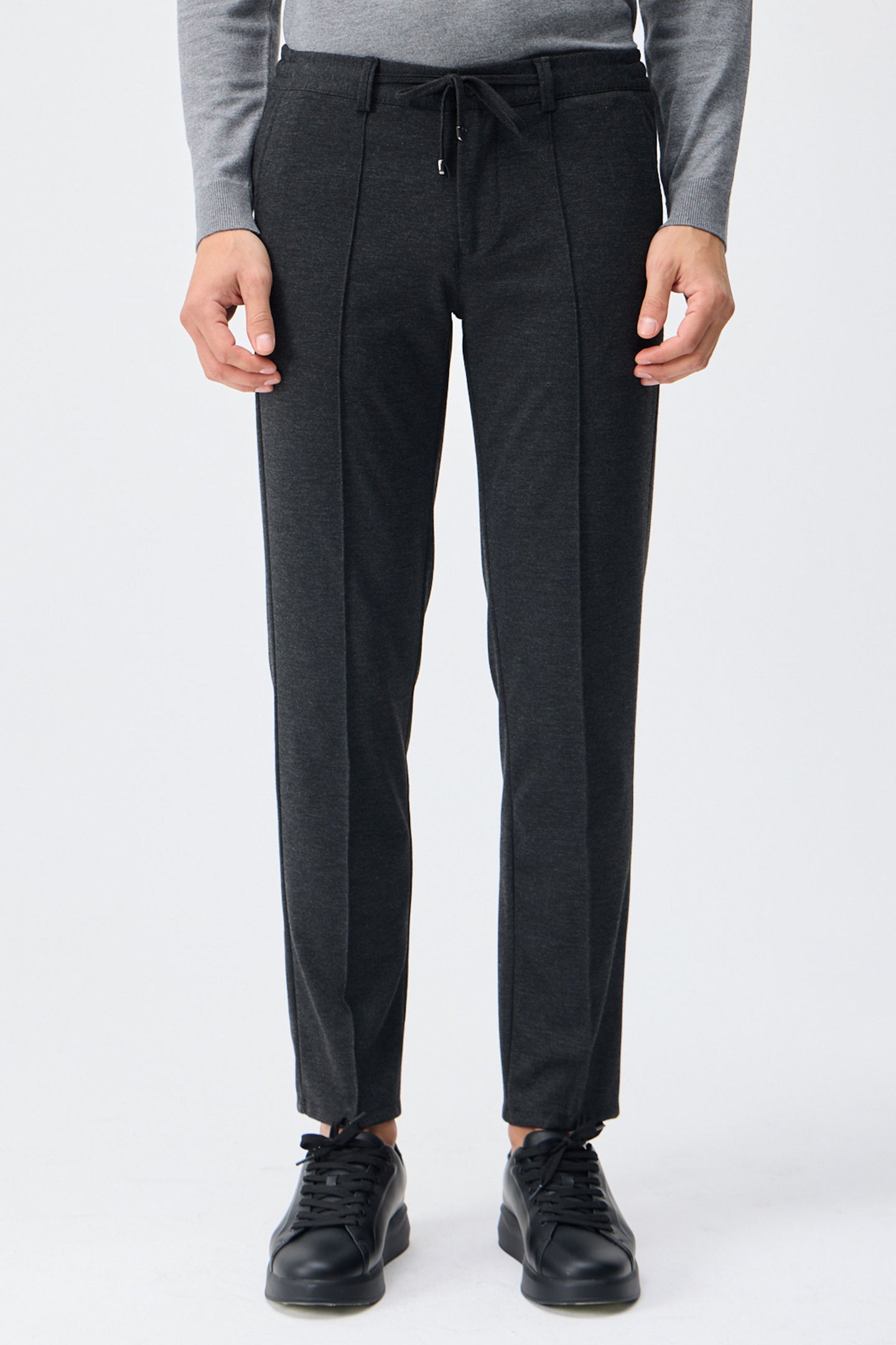 Men’s Taupe Charcoal Smart Drawstring Trousers Tailored Tapered Fit
