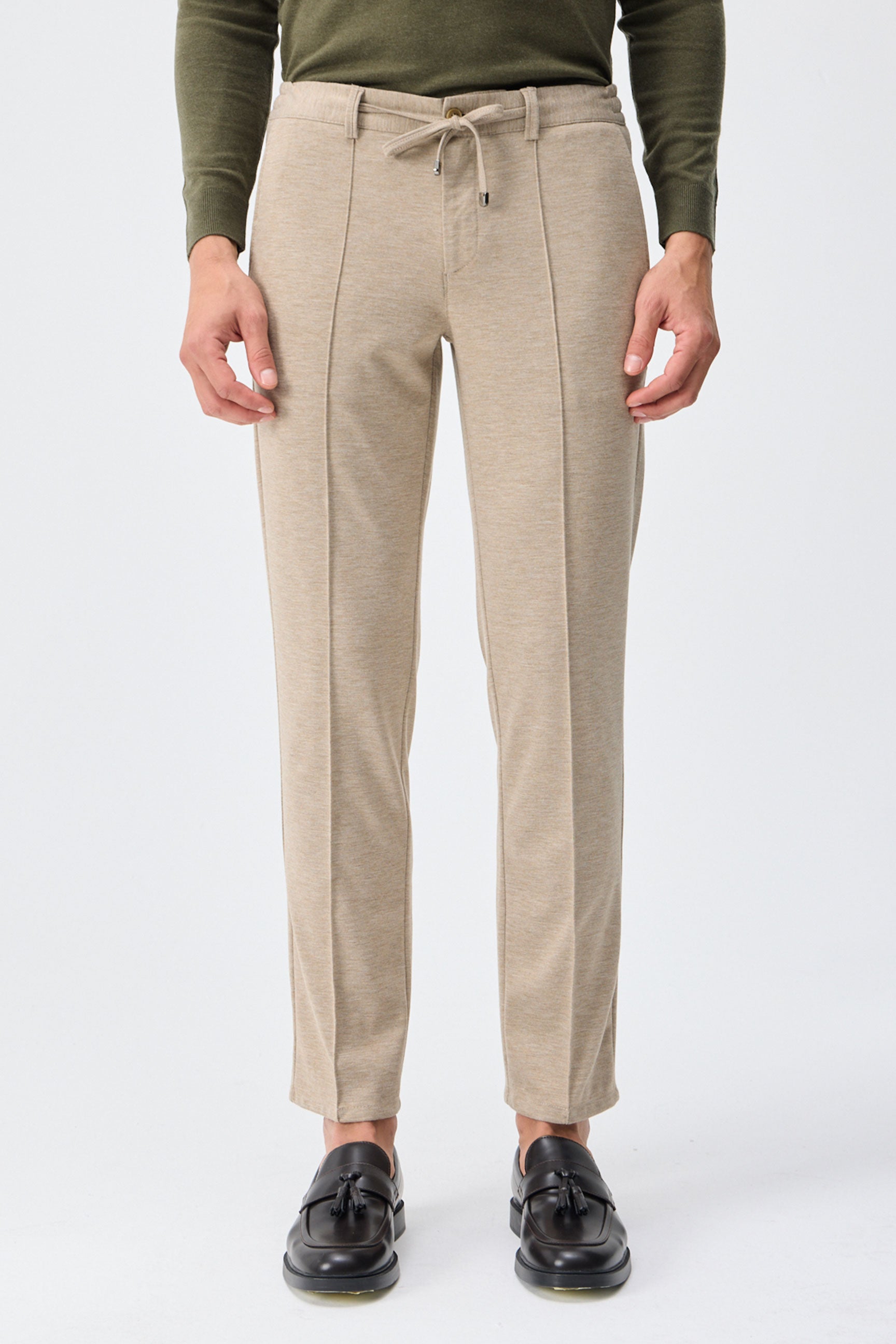 Men’s Taupe Oatmeal Beige Smart Drawstring Trousers Tailored Tapered Fit