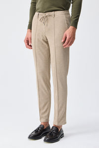 Men’s Taupe Oatmeal Beige Smart Drawstring Trousers Tailored Tapered Fit
