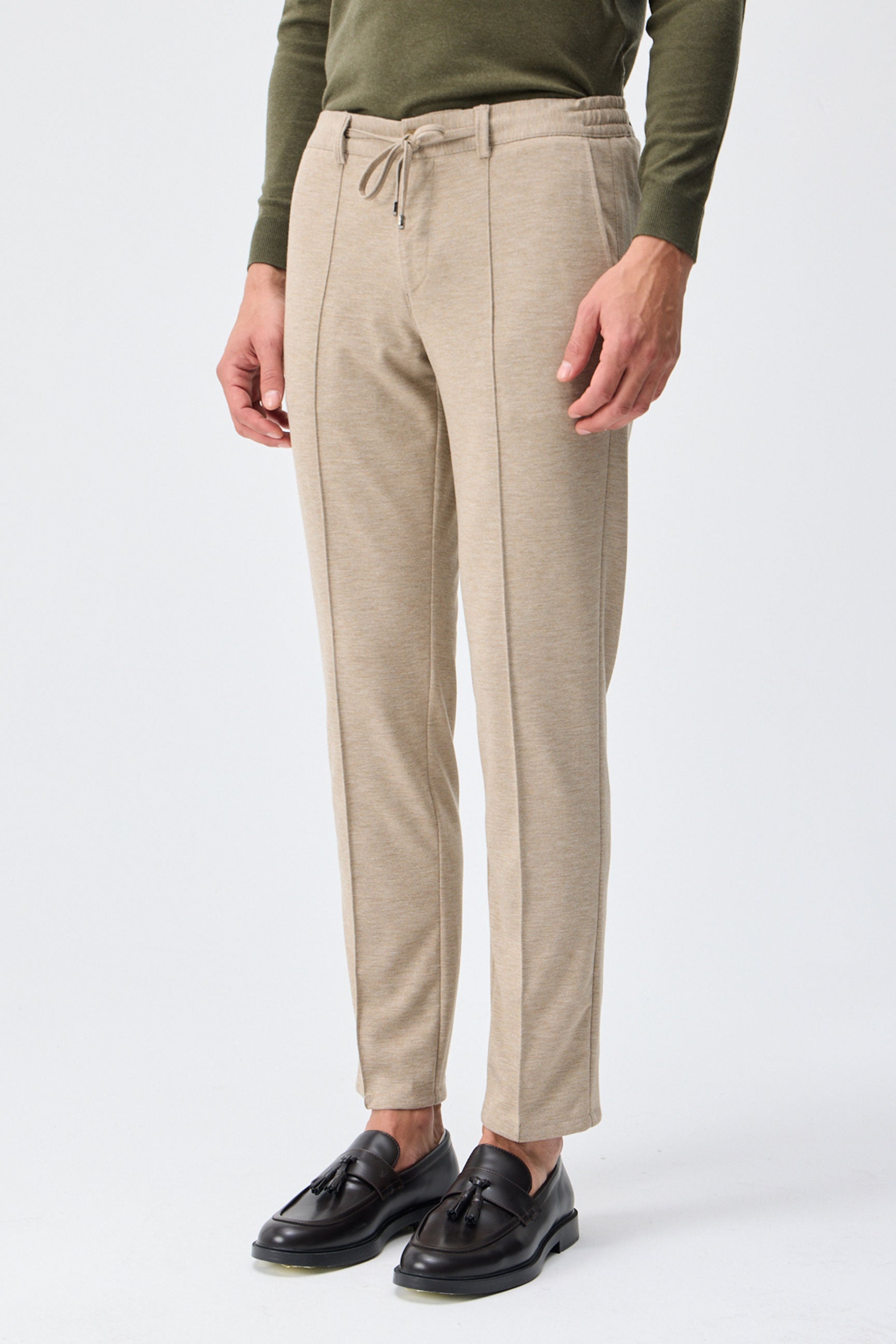 Men’s Taupe Oatmeal Beige Smart Drawstring Trousers Tailored Tapered Fit