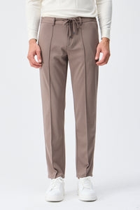 Men’s Taupe Brown Smart Drawstring Trousers Tailored Tapered Fit