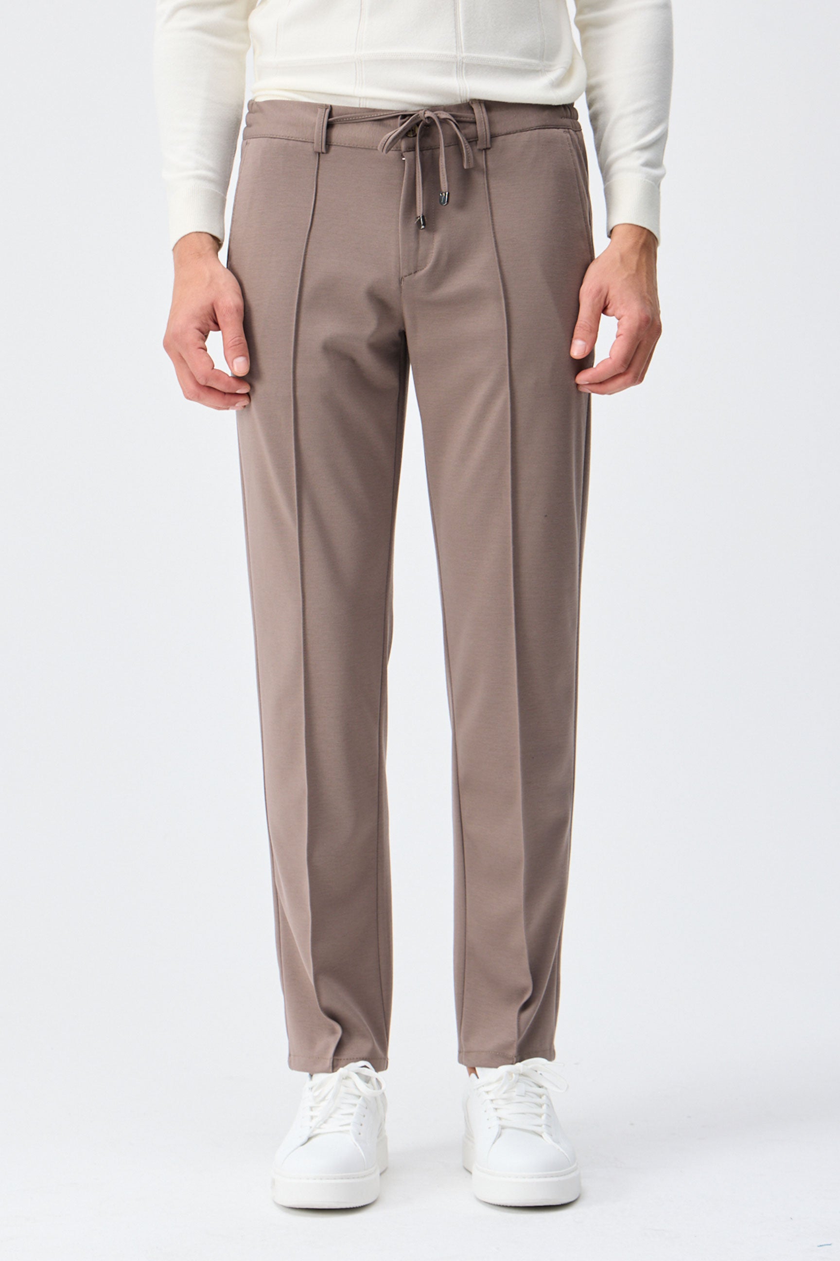 Men’s Taupe Brown Smart Drawstring Trousers Tailored Tapered Fit
