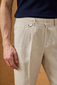 Men’s Beige 100% Linen Pleated Drawstring Trousers Relaxed Straight Fit