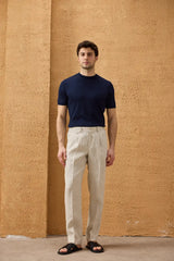 Men’s Beige 100% Linen Pleated Drawstring Trousers Relaxed Straight Fit