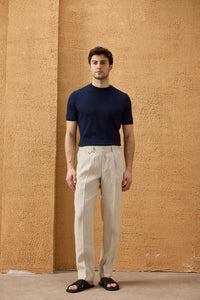 Men’s Beige 100% Linen Pleated Drawstring Trousers Relaxed Straight Fit
