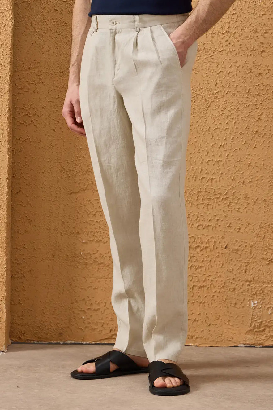 Men’s Beige 100% Linen Pleated Drawstring Trousers Relaxed Straight Fit