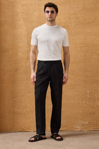 Men’s Black 100% Linen Pleated Drawstring Trousers Relaxed Straight Fit