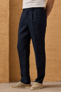 Men’s Navy Linen Smart Casual 2 Piece Suit Zip Front Safari Style Summer