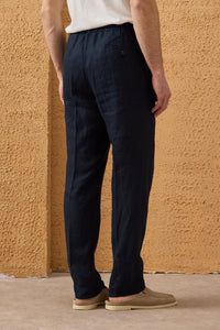 Men’s Navy 100% Linen Pleated Drawstring Trousers Relaxed Straight Fit