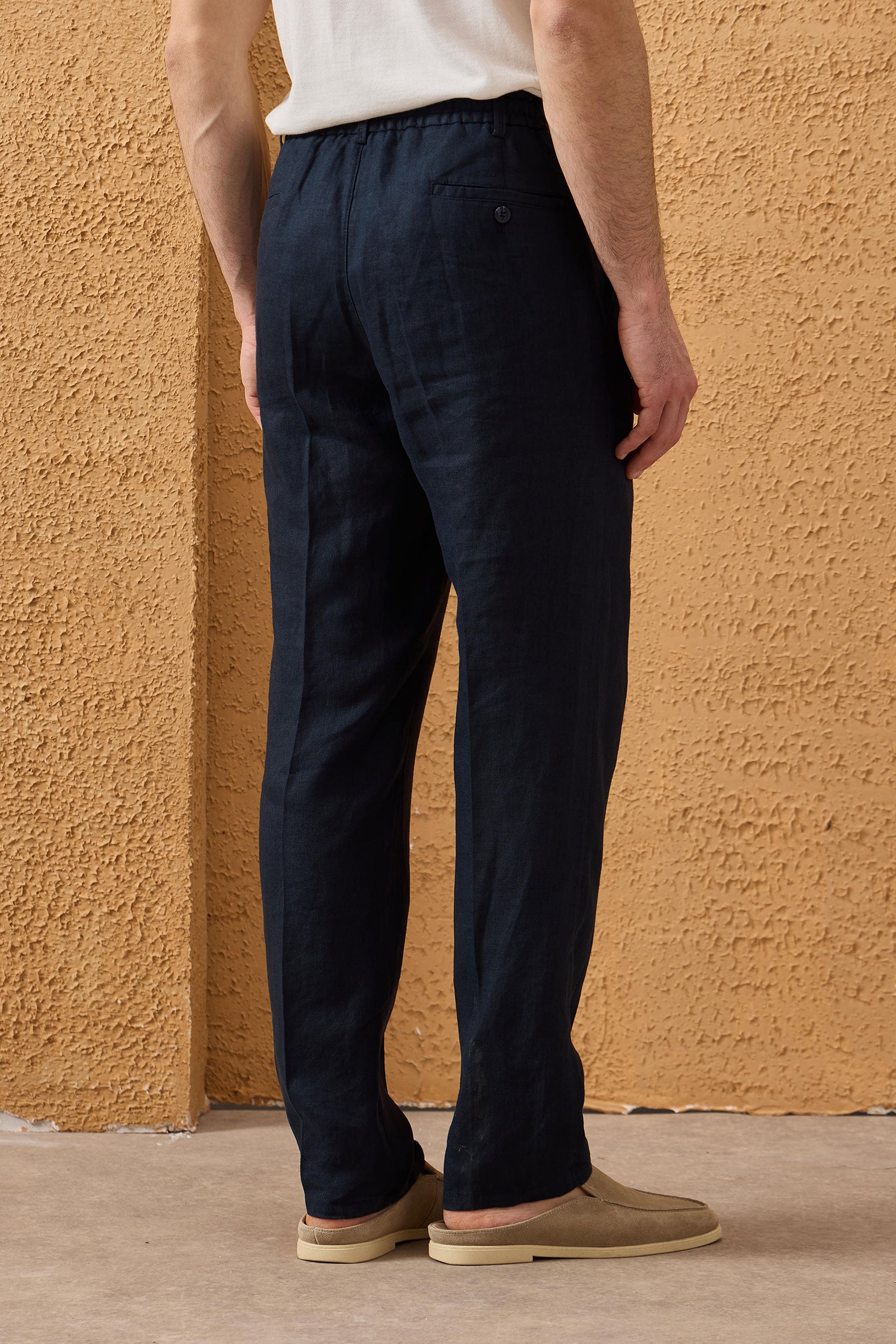 Men’s Navy 100% Linen Pleated Drawstring Trousers Relaxed Straight Fit