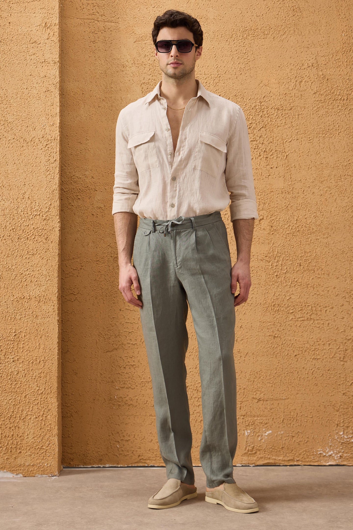 Men’s Sage Green 100% Linen Pleated Drawstring Trousers Relaxed Straight Fit