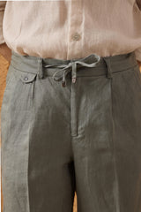 Men’s Sage Green 100% Linen Pleated Drawstring Trousers Relaxed Straight Fit