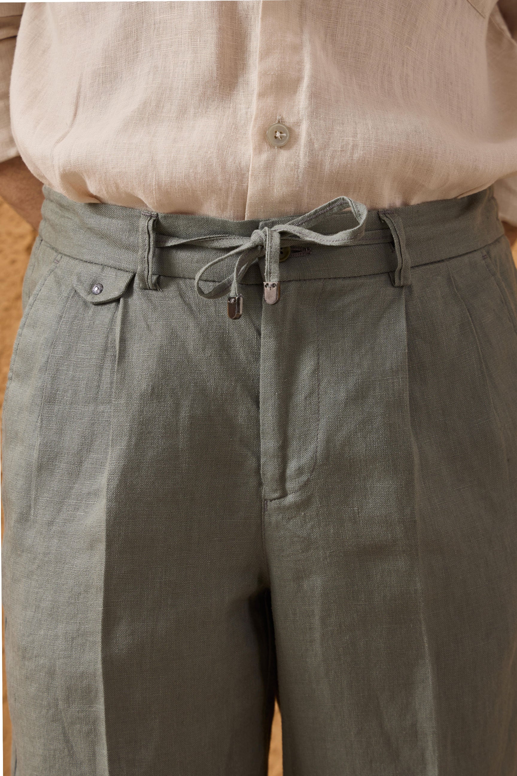 Men’s Sage Green 100% Linen Pleated Drawstring Trousers Relaxed Straight Fit