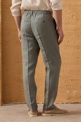 Men’s Sage Green 100% Linen Pleated Drawstring Trousers Relaxed Straight Fit