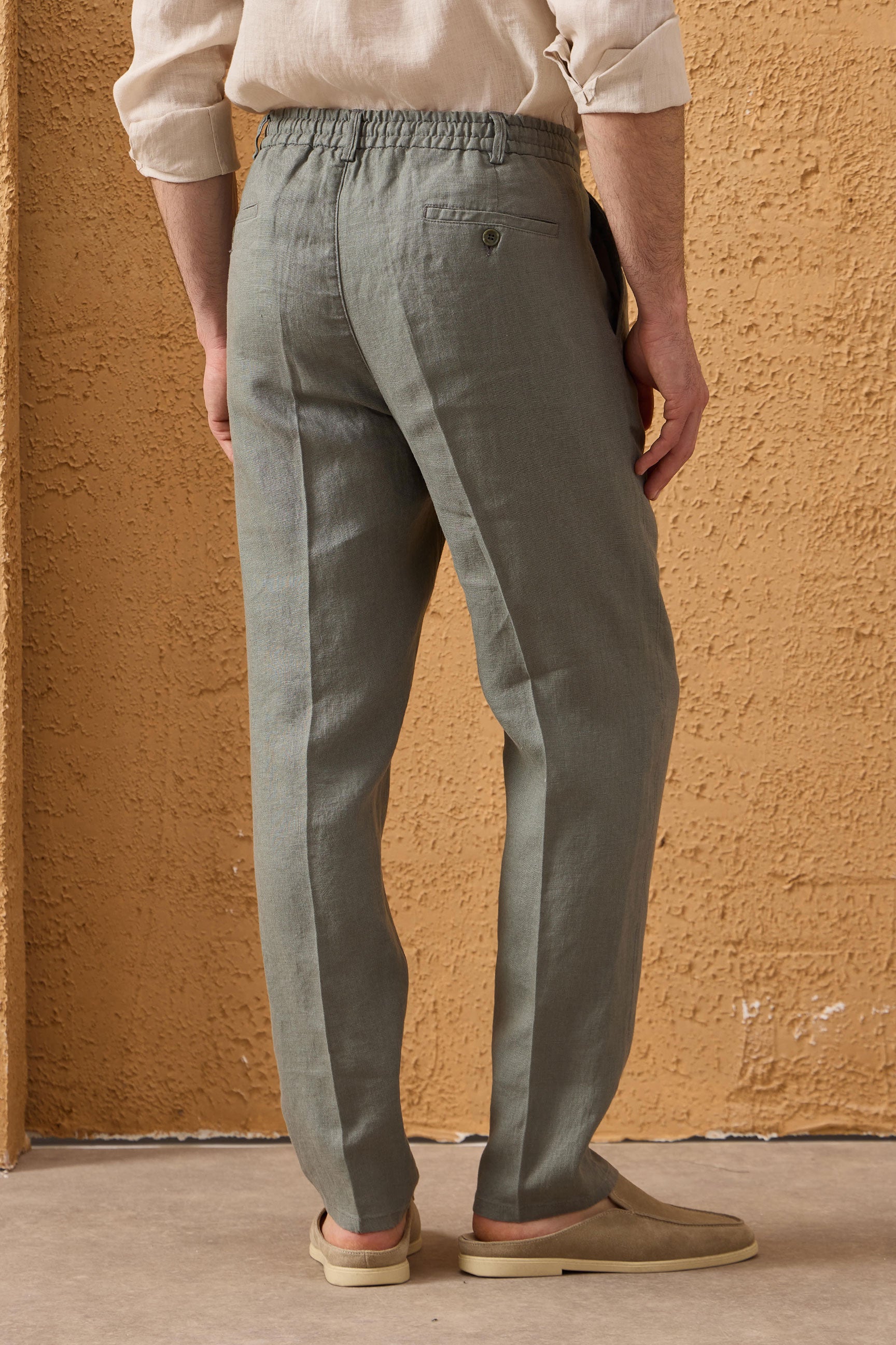 Men’s Sage Green 100% Linen Pleated Drawstring Trousers Relaxed Straight Fit