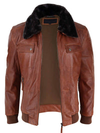 Mens Washed Rust Tan Brown Removable Fur Collar Pilot Leather Jacket Slim Fit