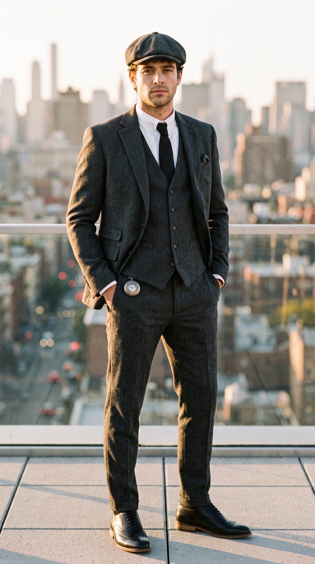 Look #830 styled with Men's Charcoal Grey 3 Piece Tweed Herringbone Suit - STZ11