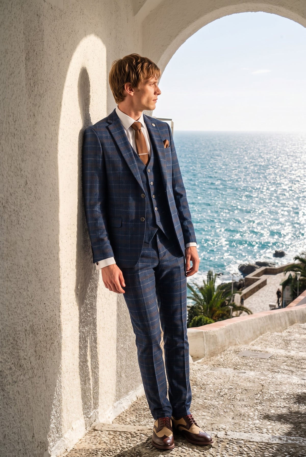 Look #936 styled with Mens Navy-Blue Check 3 Piece Suit - Paul Andrew Kenneth