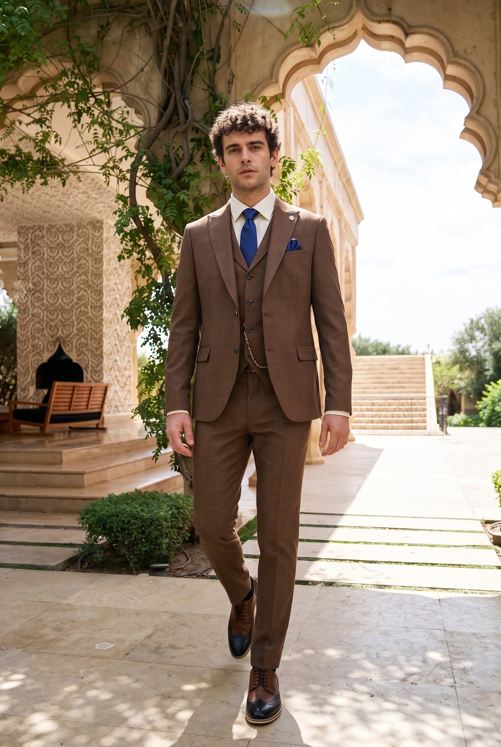 Look #328 styled with James Men's 3-Piece Plain Brown Suit with Classic Fit