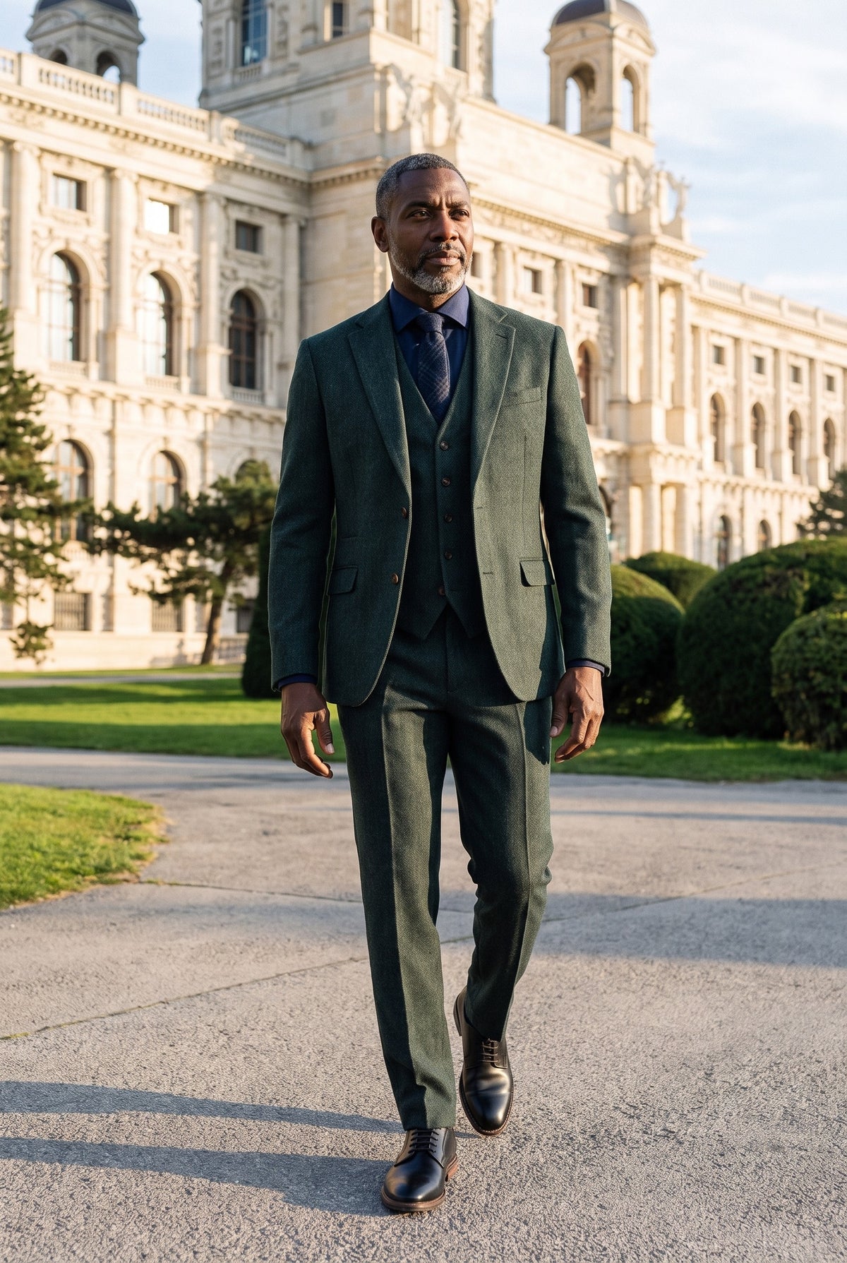 Look #957 styled with Thomas - Olive Green 3 Piece Wool Blend Tweed Suit