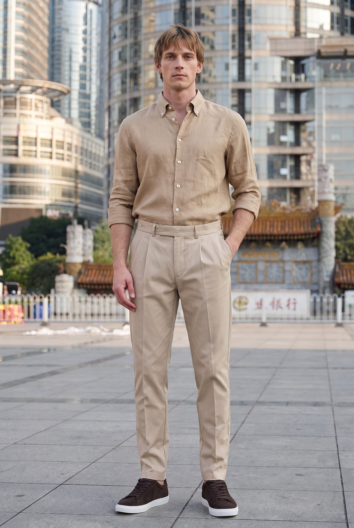 Look #1022 styled with Men’s Camel Brown Pure Linen Shirt Long Sleeve Button-Down Summer Shirt