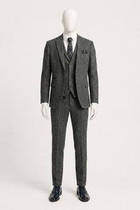 Men's Charcoal Grey 3 Piece Tweed Herringbone Suit - STZ11