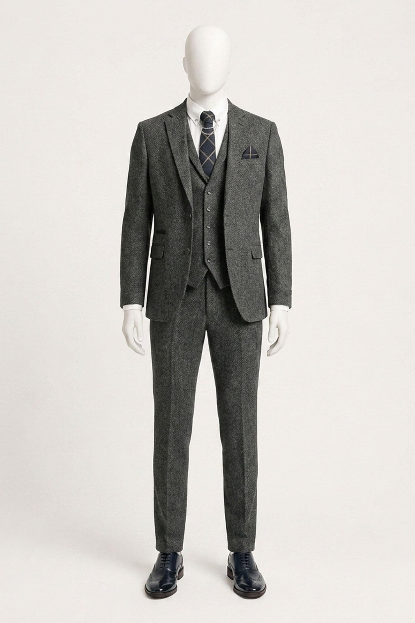 Men's Charcoal Grey 3 Piece Tweed Herringbone Suit - STZ11