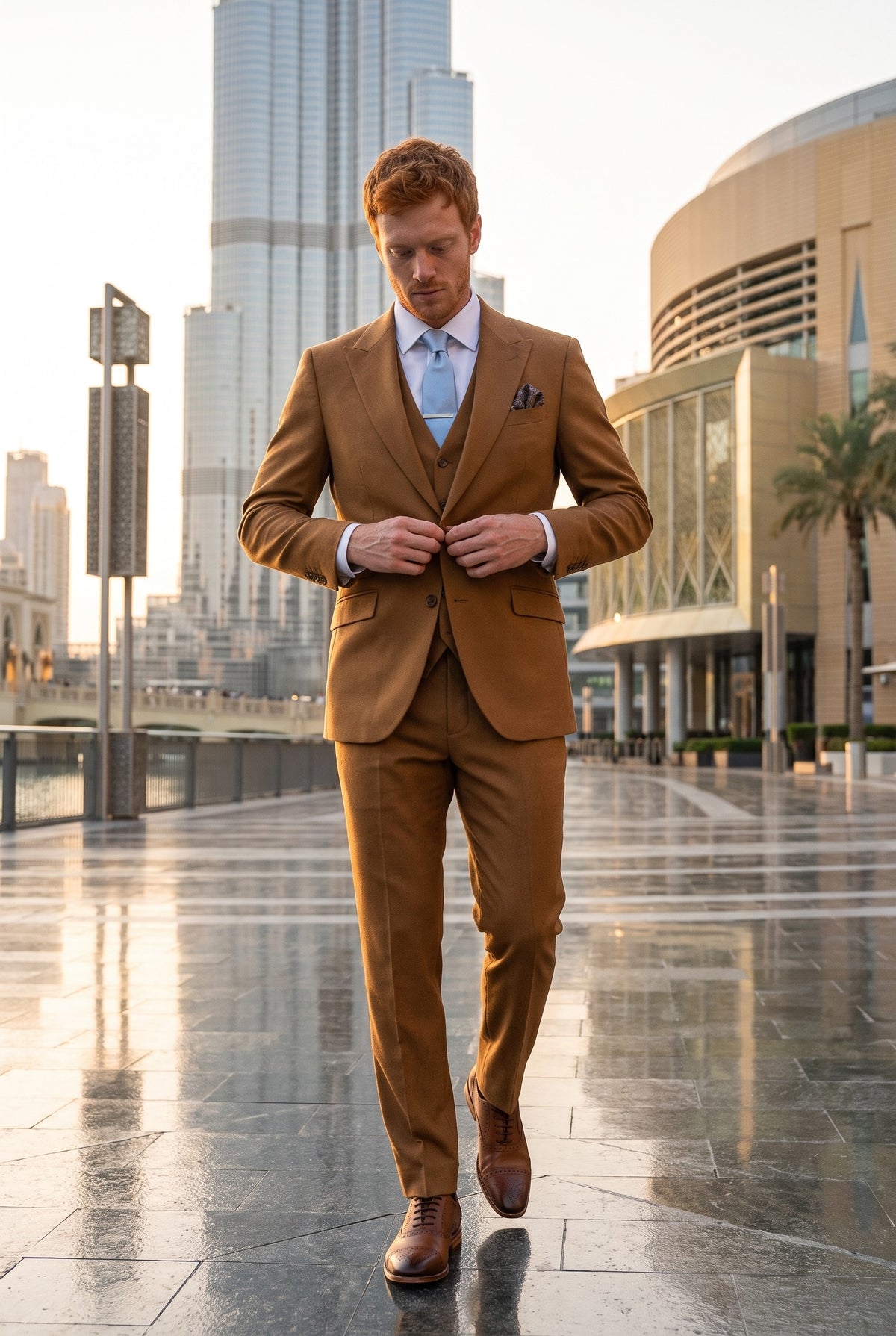 Look #952 styled with James - Men's Camel Brown 3 Piece Wool Tailored Fit Suit